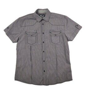Drill Striped SHort Sleeve Button Down Mens L Purple/Black/Gray Y2K Western Yoke